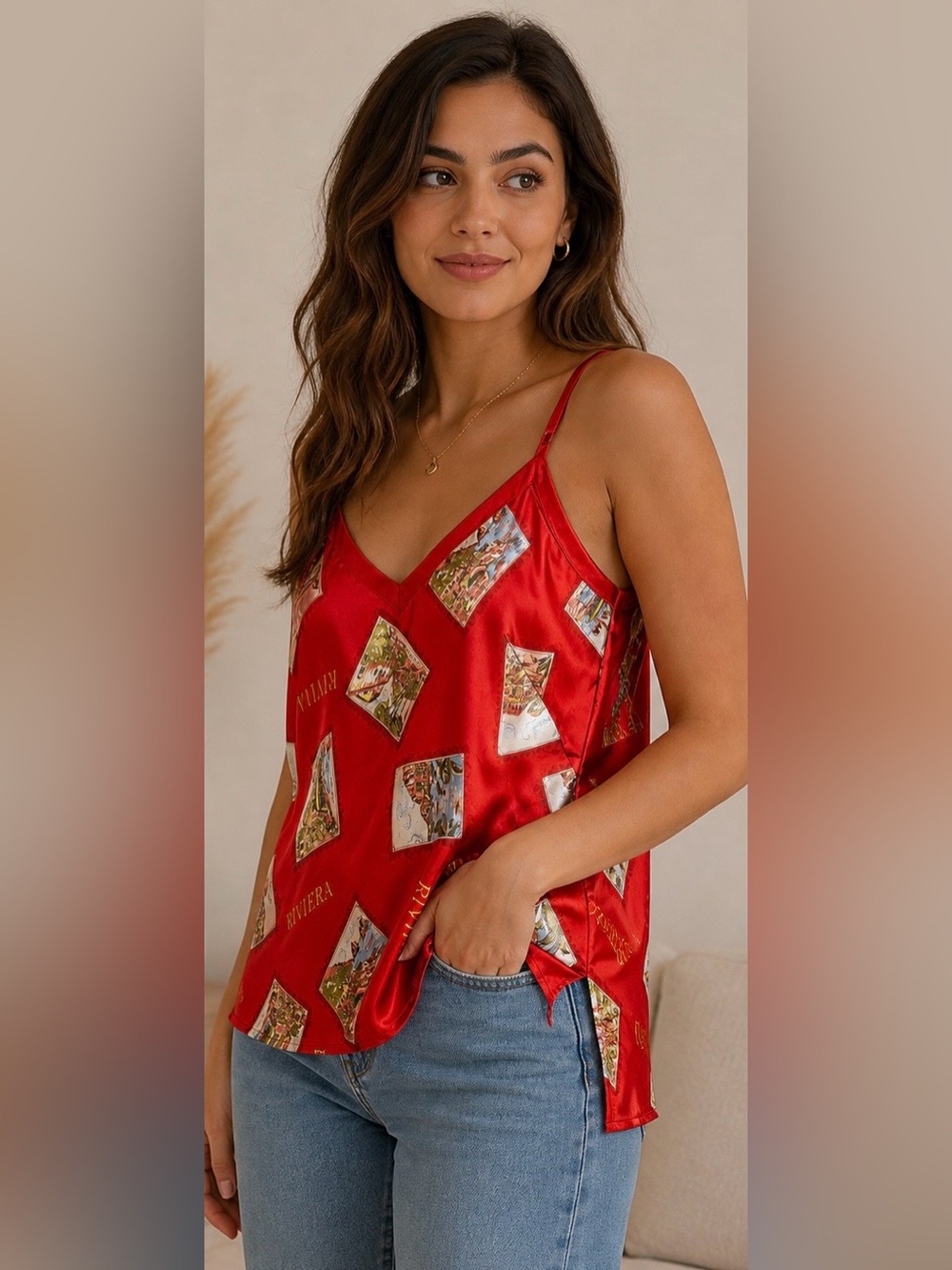 ✨Old Navy Women’s Riviera Print Satin Camisole Top Red 2X Plus